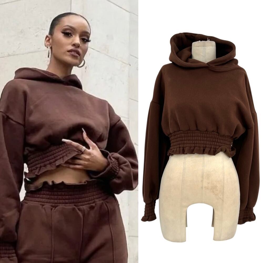 MANIERE DE VOIR Cropped Hoodie Sweatshirt Cotton Brown Tracksuit Size 8